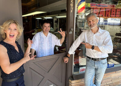 Mark Martinho And Viv Kelvin At Guys Barbershop With Owner Jimmy Truong In Laurel Street San Carlos Ca Photo By Vabrato Real Estate Services 400x284