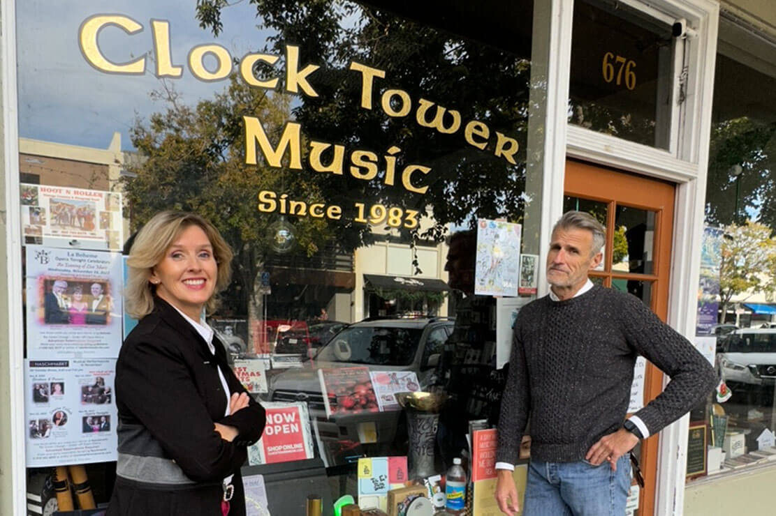Viv Kelvin and Mark Martinho at Clock Tower Music, Laurel Street, San Carlos CA. Photo by Vabrato Real Estates Services