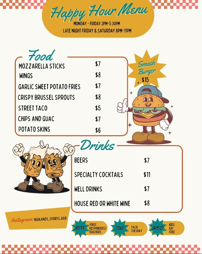 Highlads Sports Bar and Grill Happy Hour Menu