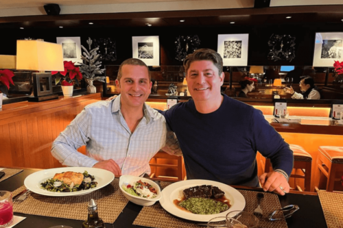 Geoffroy with owner of Delizie, dining at Town Restaurant 
