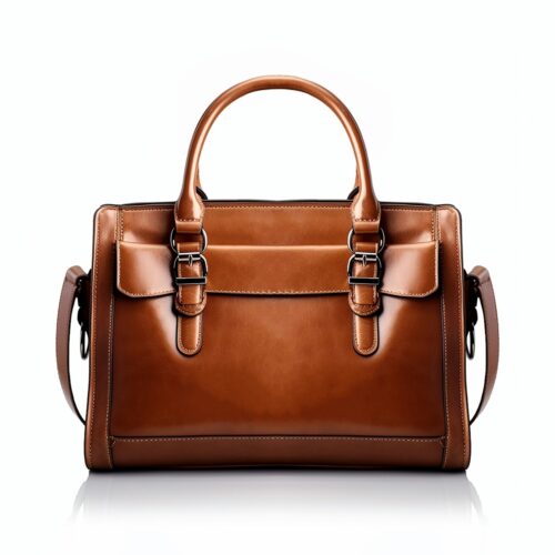 a brown leather handbag on a white background