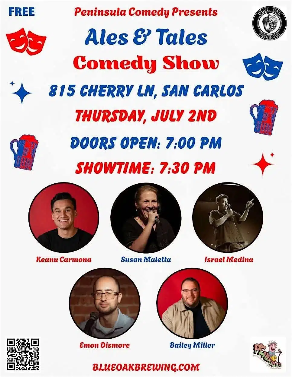 Ales & Tales Comedy Show @ Blue Oak Brewing Co (San Carlos): A Free Night of Stand-Up Comedy and Craft Beer